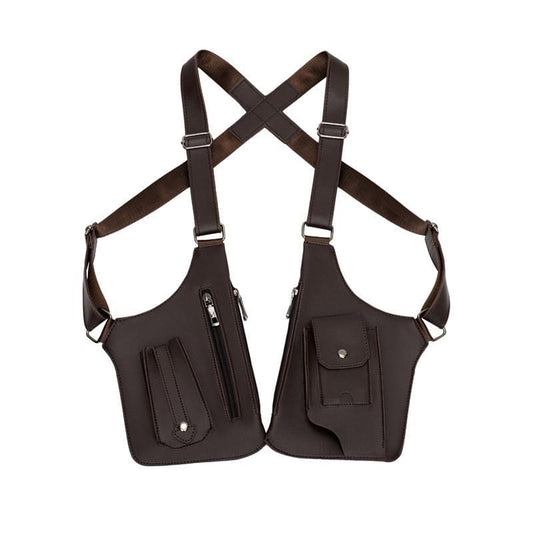 Brown tactical chest rig bag with two front zip pockets and adjustable cross straps