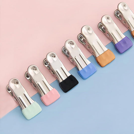 Multi-color stainless steel clothespins with spring clips and colored bases