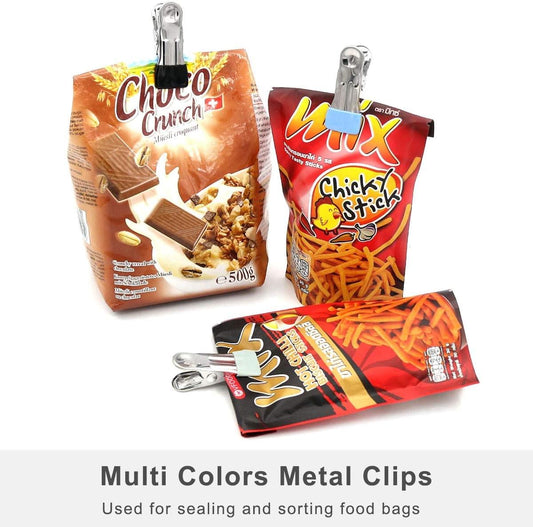 Multicolor metal clothespin clips with spring hinges, shown with bag packaging