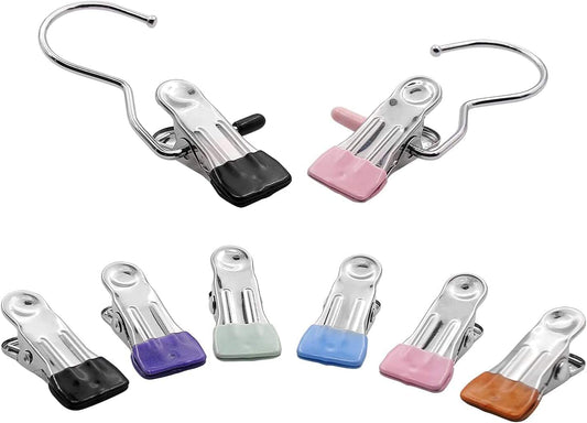 Metal clothespin clips with colored grips and hook ends, assorted colors.