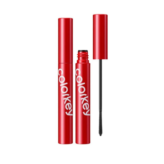 Two red mascara tubes with black brush wands, closed top and brush-in-hand view