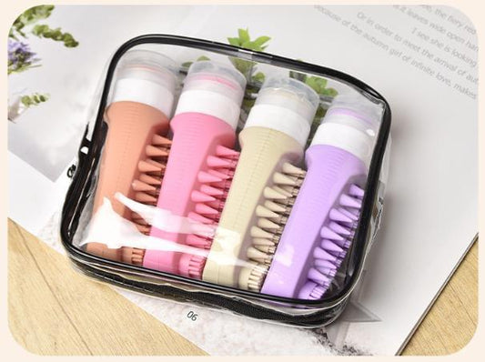 Travel refill bottle set in clear zip pouch with four silicone brush heads