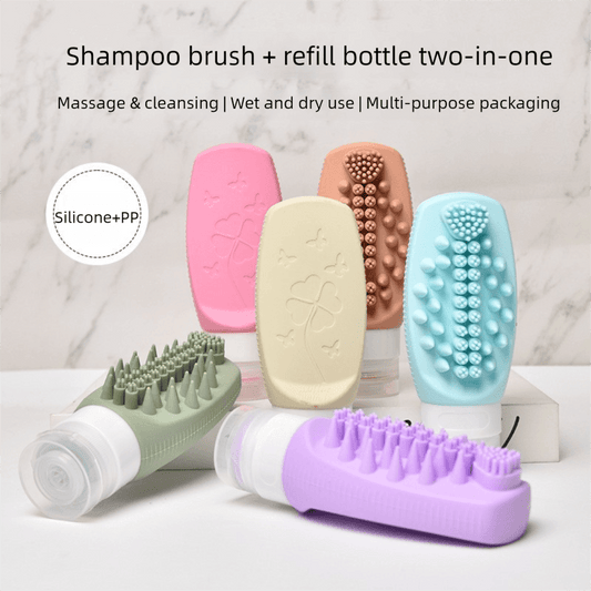 Multi-pack silicone shampoo brush with refill bottles in pink, beige, copper and blue