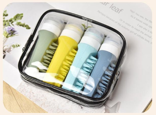 4-pack silicone soft-press refillable bottles with brushes in black storage case