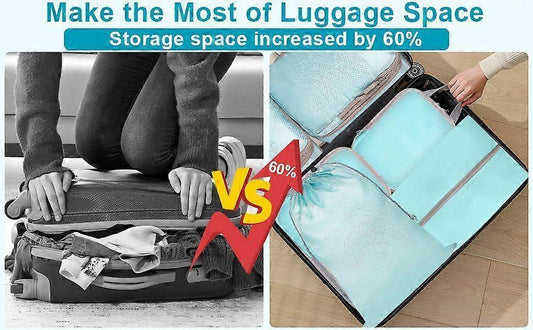 Light blue packing cubes with compression zippers, shown expanding for luggage space