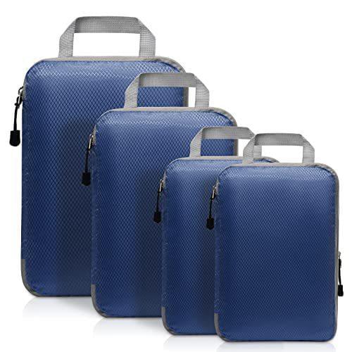 Set of blue compression packing cubes with gray handles and side zippers