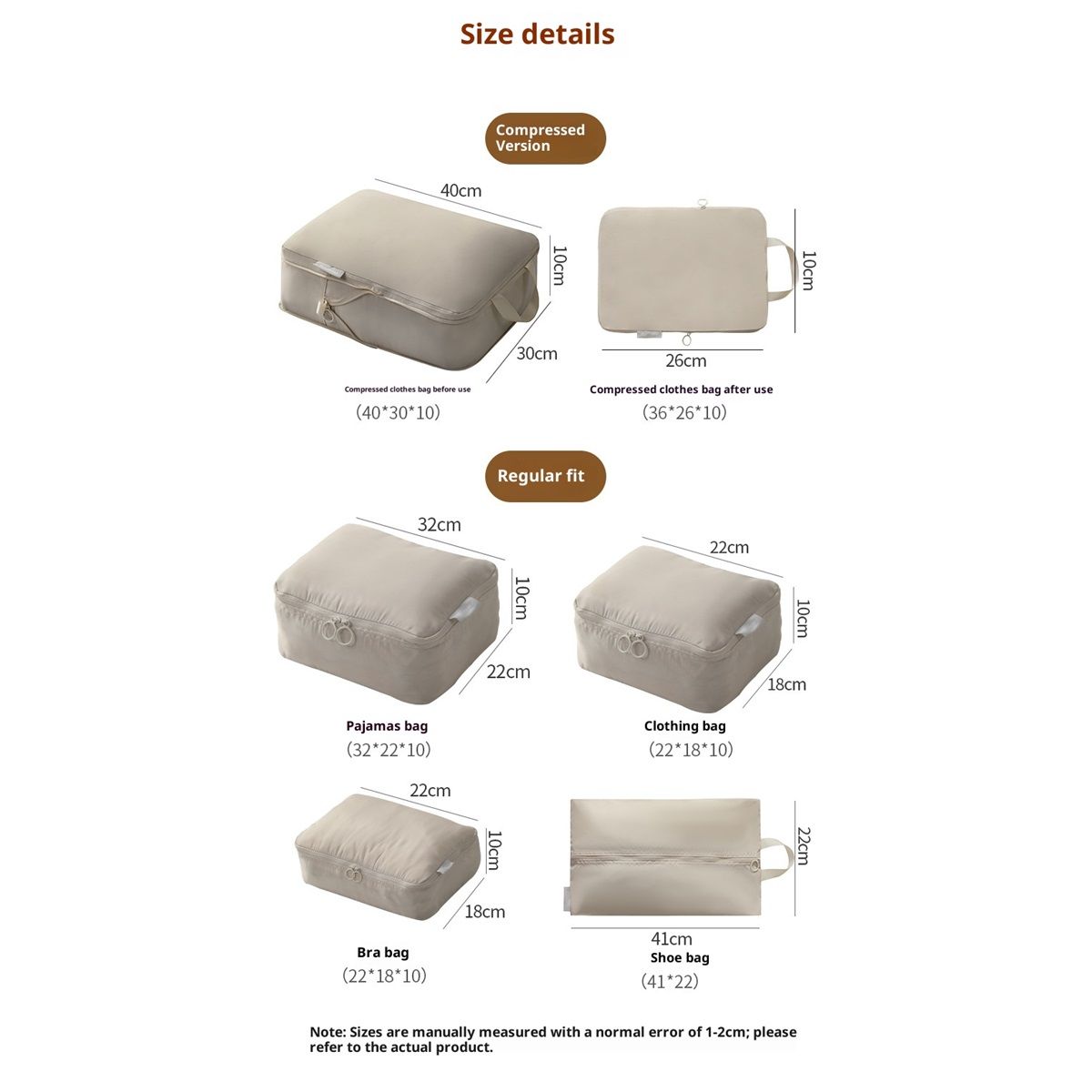 Compression Packing Cubes for Travel - Luggage Organizer Bags - Double Zipper Packing Cubes for Suitcases (6-Pack, Beige)