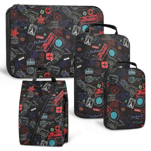 Packing cube set with shoe bag, dark patterned fabric and black carry handles.