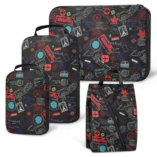 Printed packing cubes set with zippers and black webbing handles, multiple sizes.