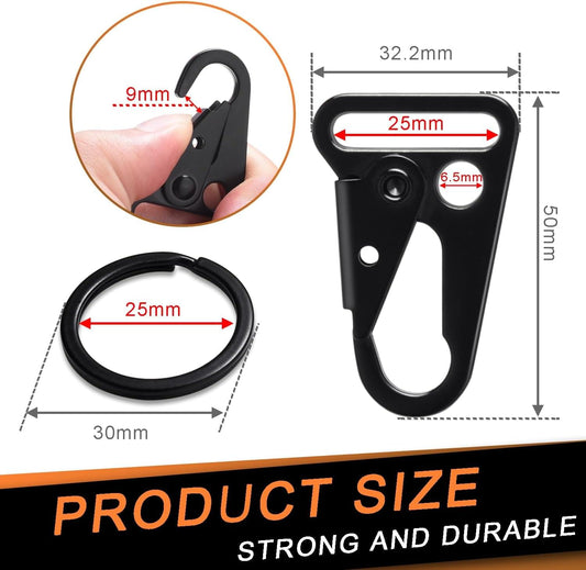 Black snap hook carabiner-style clip with O-ring, labeled size dimensions