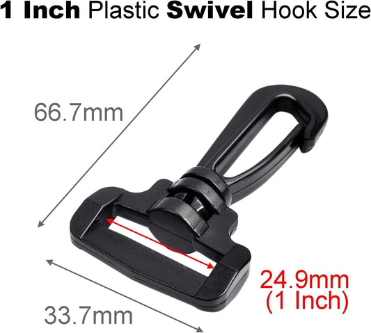 Black 1-inch plastic swivel hook clip with latch size guide