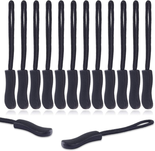 12-pack zipper pull extenders with dark loop handles and grips