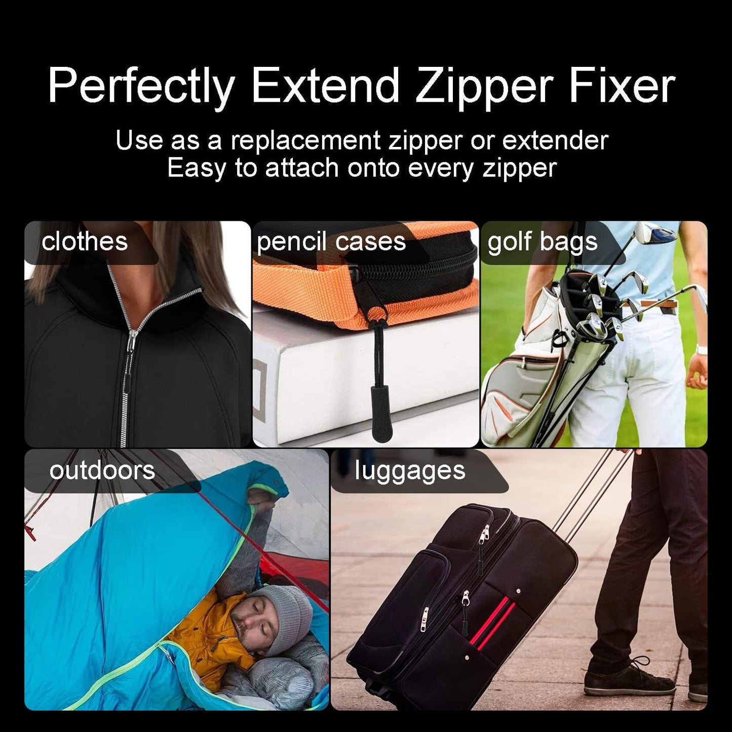 CooBigo 12Pack Zipper Pull Replacement, Golf Bag Parcord Zipper Pull Tab Replacement for Backpack, Jackets, Pants, Boots, Coats, Luggage - Balck(Universal Extender)