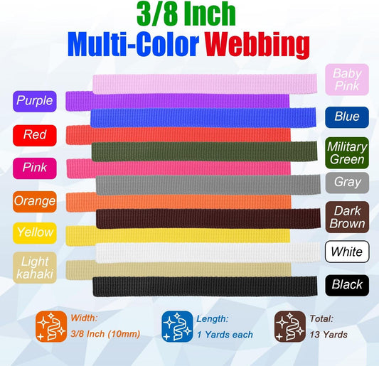 Polyester webbing strap set, flat woven bands in assorted colors