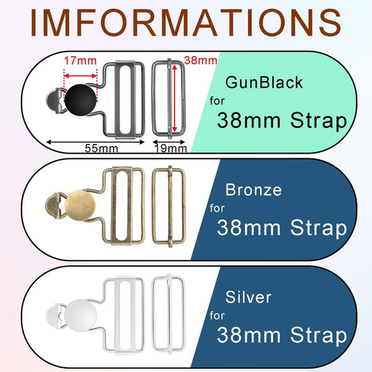 Jeans suspender buckle set size and color diagram: gunblack, bronze, silver