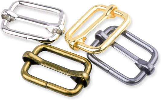 Assorted metal rectangular buckles with loop openings in silver, gold, and bronze