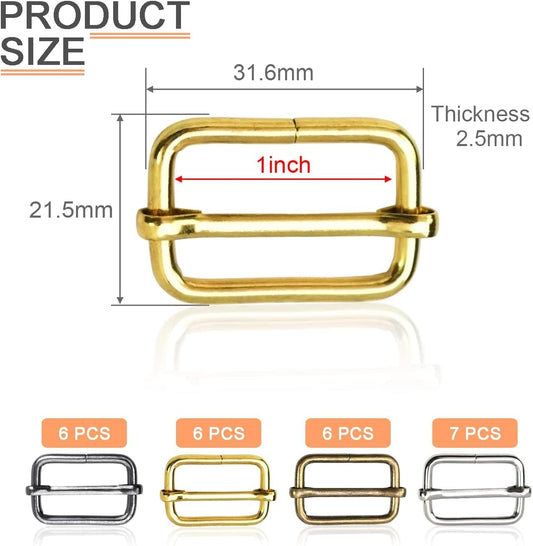 1-inch metal rectangular slide buckle size chart with thickness shown; 6 and 7 pcs