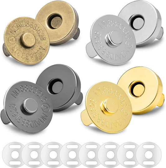 Magnetic snap fastener kit with four metal snap buttons and white mounting plates