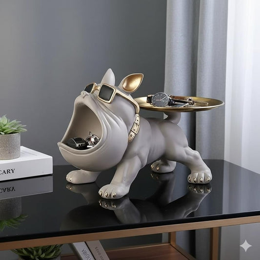 White French bulldog resin storage tray with open-mouth dish for keys, coins, and cards