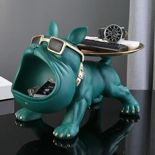 Teal resin French bulldog storage tray with open-mouth key bowl