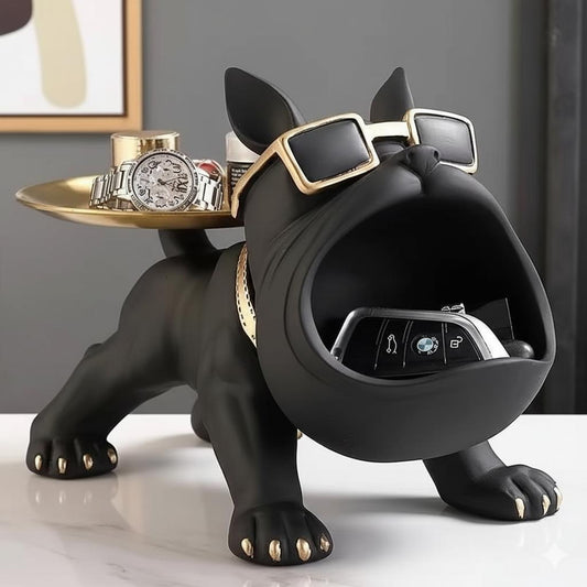 Black French bulldog resin storage tray with open mouth for keys and small items