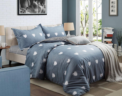 Queen duvet cover set in blue with white heart pattern and matching pillowcases