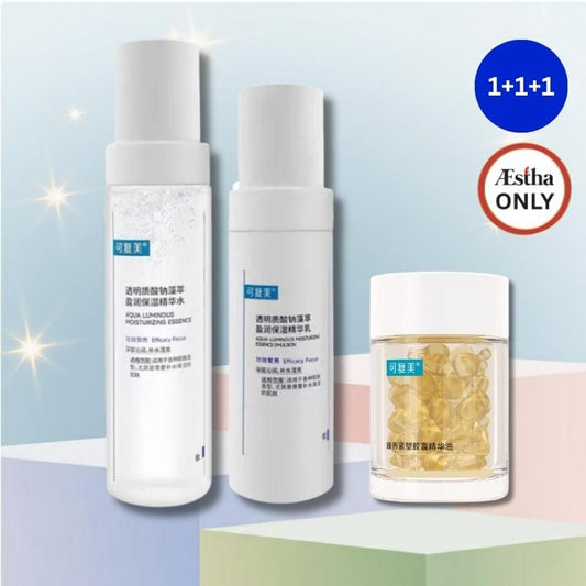 Facial hydration skincare set with two white bottles and one clear jar of capsules