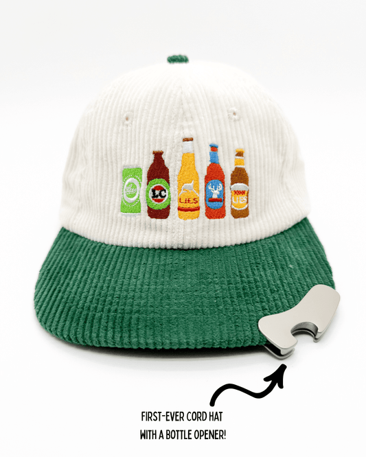 Cream cord hat with green brim, front bottle graphics, bottle opener attachment on side