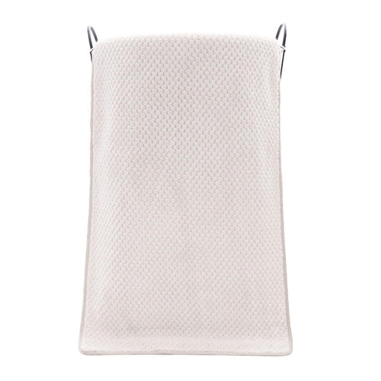 Beige bath towel, rectangular with looped corners, folded flat
