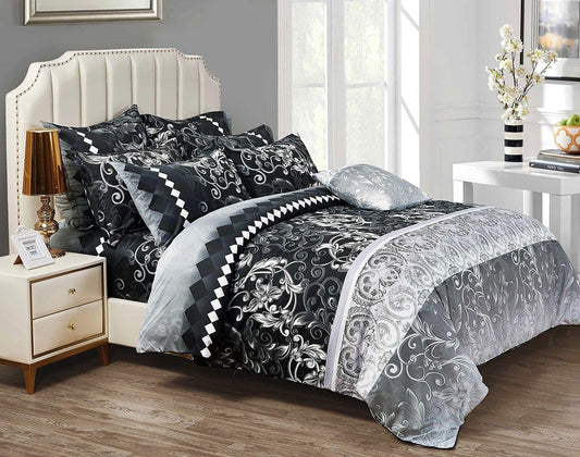Queen duvet quilt cover set with black, white and gray ornate patterned bedding
