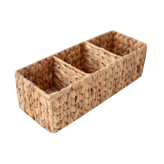 Khaki woven storage basket with open rectangular top and braided rope weave.