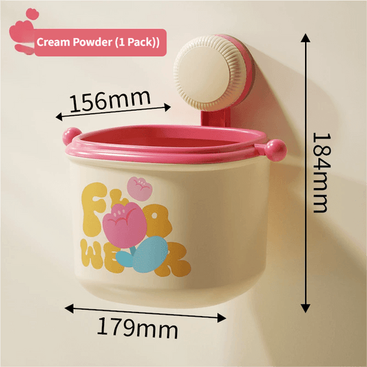 Cream wall-mounted suction trash bin with pink wide opening and bag press ring