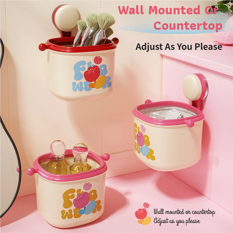 Cream Powder Cute Suction Cup Wall-Mounted Trash Bin with Bag Press Ring and Wide Opening - Multifunctional Organizer & Waste Basket for Office Living Room And Bedroom