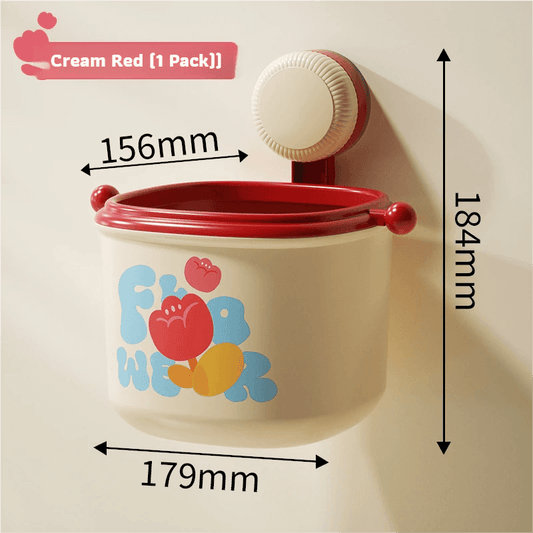 Cream and red wall-mounted suction trash bin with wide opening and press ring