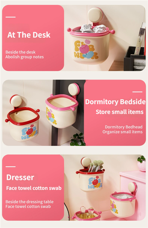 Cream Red Cute Suction Cup Wall-Mounted Trash Bin with Bag Press Ring and Wide Opening - Multifunctional Organizer & Waste Basket for Office Living Room And Bedroom