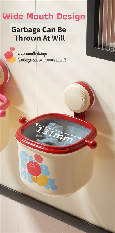 Cream Red Cute Suction Cup Wall-Mounted Trash Bin with Bag Press Ring and Wide Opening - Multifunctional Organizer & Waste Basket for Office Living Room And Bedroom