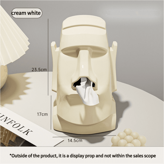 Cream white desktop headphone stand with tissue holder, front view with tissue visible
