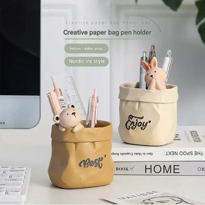 Creative Animal-Themed "Paper Bag" Pen Holder (Bear) — Resin Desktop Organizer | Cute Cartoon Pencil Cup, Planter, & Storage Container | Home & Office Desktop Decor