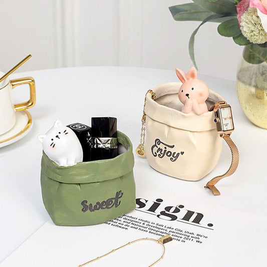 Cream and green paper-bag desk organizers: bunny 'Enjoy' holder and 'Sweet' holder