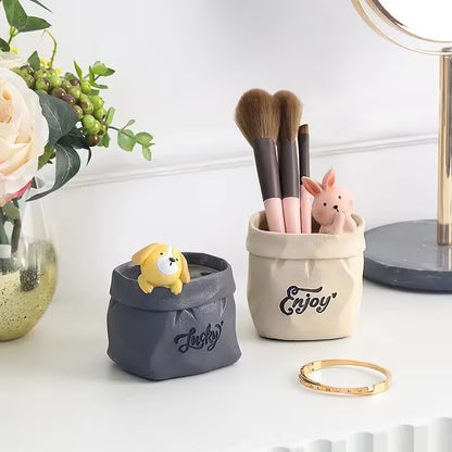 Creative Animal-Themed "Paper Bag" Pen Holder (Rabbit) — Resin Desktop Organizer | Cute Cartoon Pencil Cup, Planter, & Storage Container | Home & Office Desktop Decor