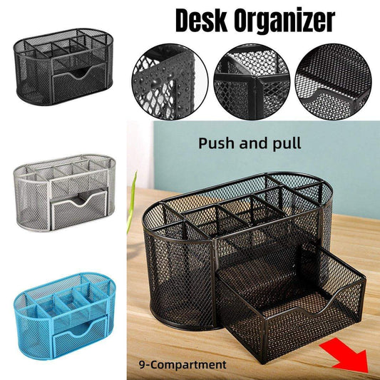 Black mesh desk pen holder organizer with multiple compartments and drawer fronts