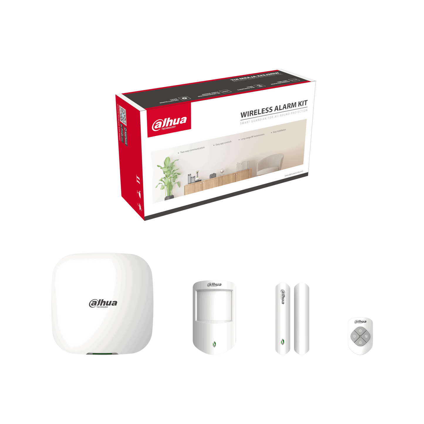 DAHUA DHI-ART-ARC3000H-03-FW2 wireless alarm kit includes 1 x panel with wifi + 4g + lan (dual sim) 1 x pir 1 x door contact 1 x key fob all with batteries