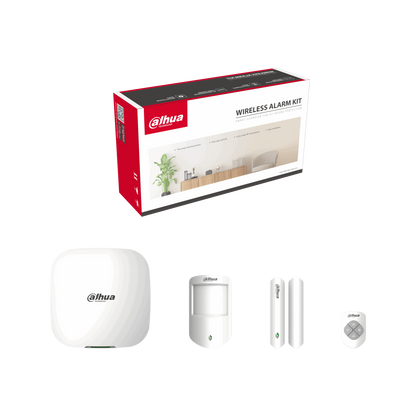 DAHUA DHI-ART-ARC3000H-03-FW2 wireless alarm kit includes 1 x panel with wifi + 4g + lan (dual sim) 1 x pir 1 x door contact 1 x key fob all with batteries