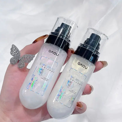 Two clear hydrating facial mist bottles with black pumps, held up