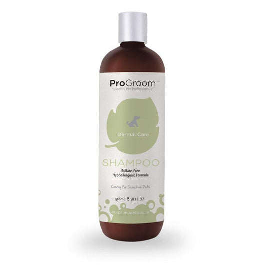 Dermal care shampoo bottle in dark brown with white cap and green label