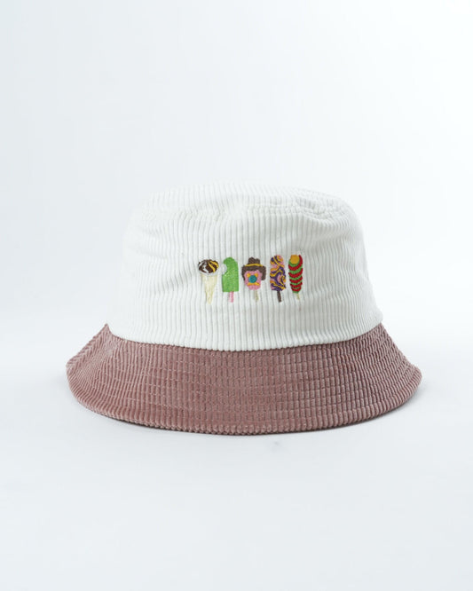 Two-tone bucket hat, white knit crown and mauve ribbed brim with colorful logo patch