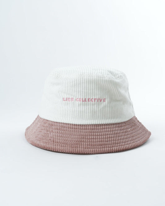 Two-tone bucket hat, white knit crown with red text and mauve ribbed brim