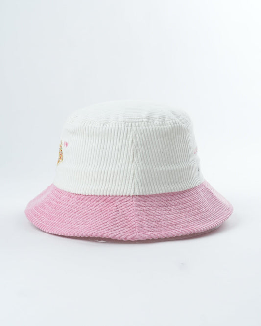 White ribbed bucket hat with pink brim; front graphic not visible in this view.