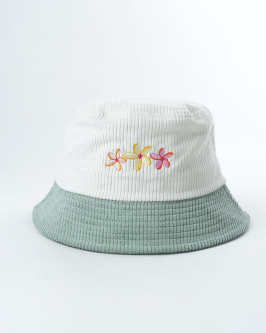 Two-tone bucket hat in cream and sage green with colorful flower embroidery front