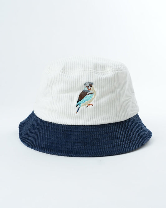 Two-tone bucket hat with off-white crown, navy brim, kookaburra patch